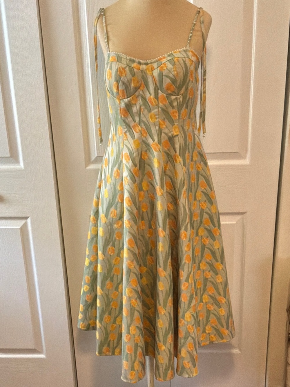 DSIXSIX sage Green Midi Dress with Yellow Tulip Print - Spaghetti Strap